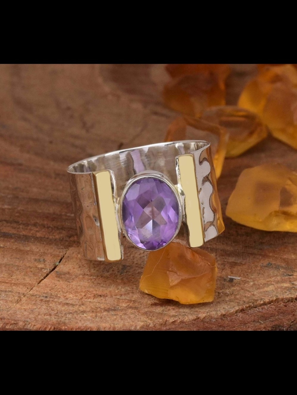 Silver Wide Band gap Ring with Purple Amethyst Accent